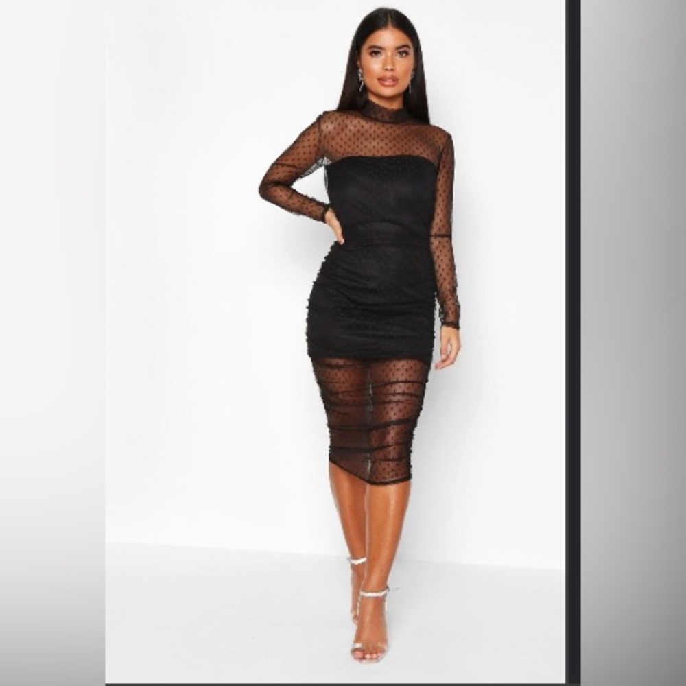 Boohoo Mesh High Neck Ruched Midi Dress